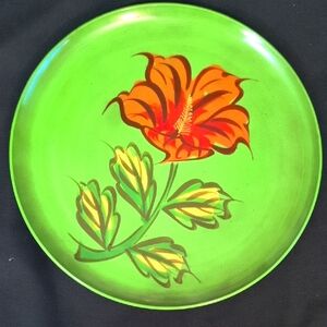 1960s Vibrant Green Platter Or Tray With Hibiscus Flower
